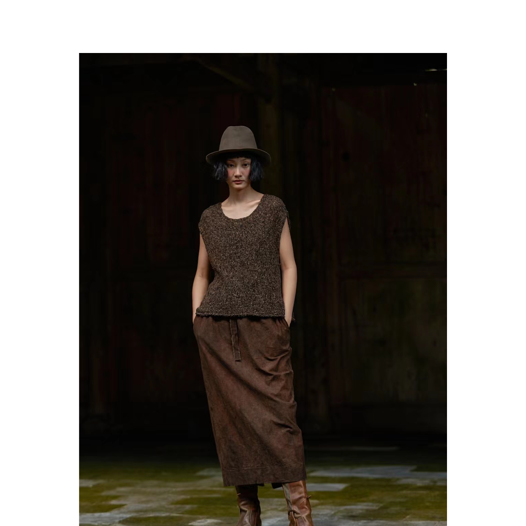 左岸迷香植物染深棕半身裙2014休闲宽松松紧腰纯色时尚亚麻优雅