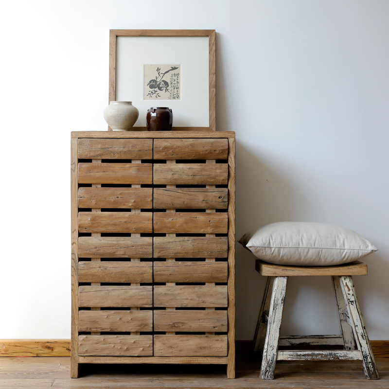 榆木鞋柜实木田园家具老门板原木鞋架对开门多功能玄关柜门口