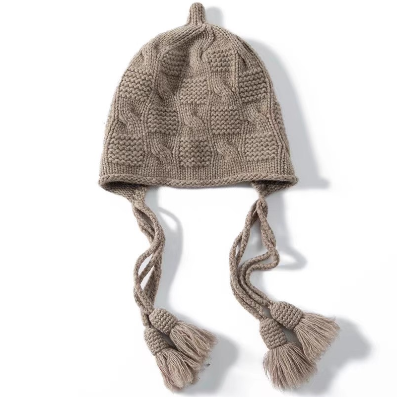 冬季女羊绒针织帽子带穗休闲护耳包头帽高品质手工扭花流苏毛线帽