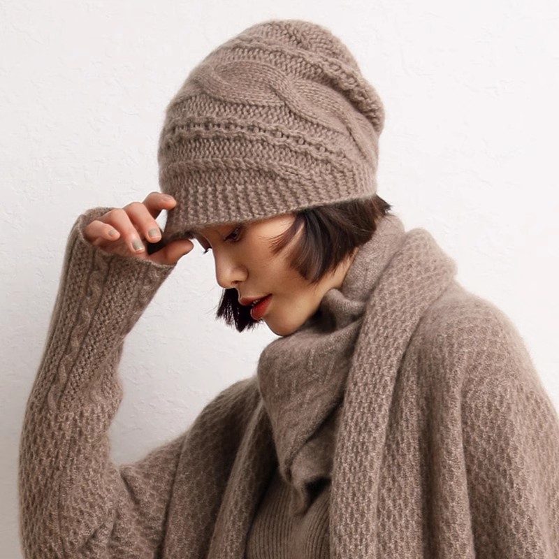 山羊绒帽子女重磅3针8股加厚麻花绒线帽手工扭花简约百搭