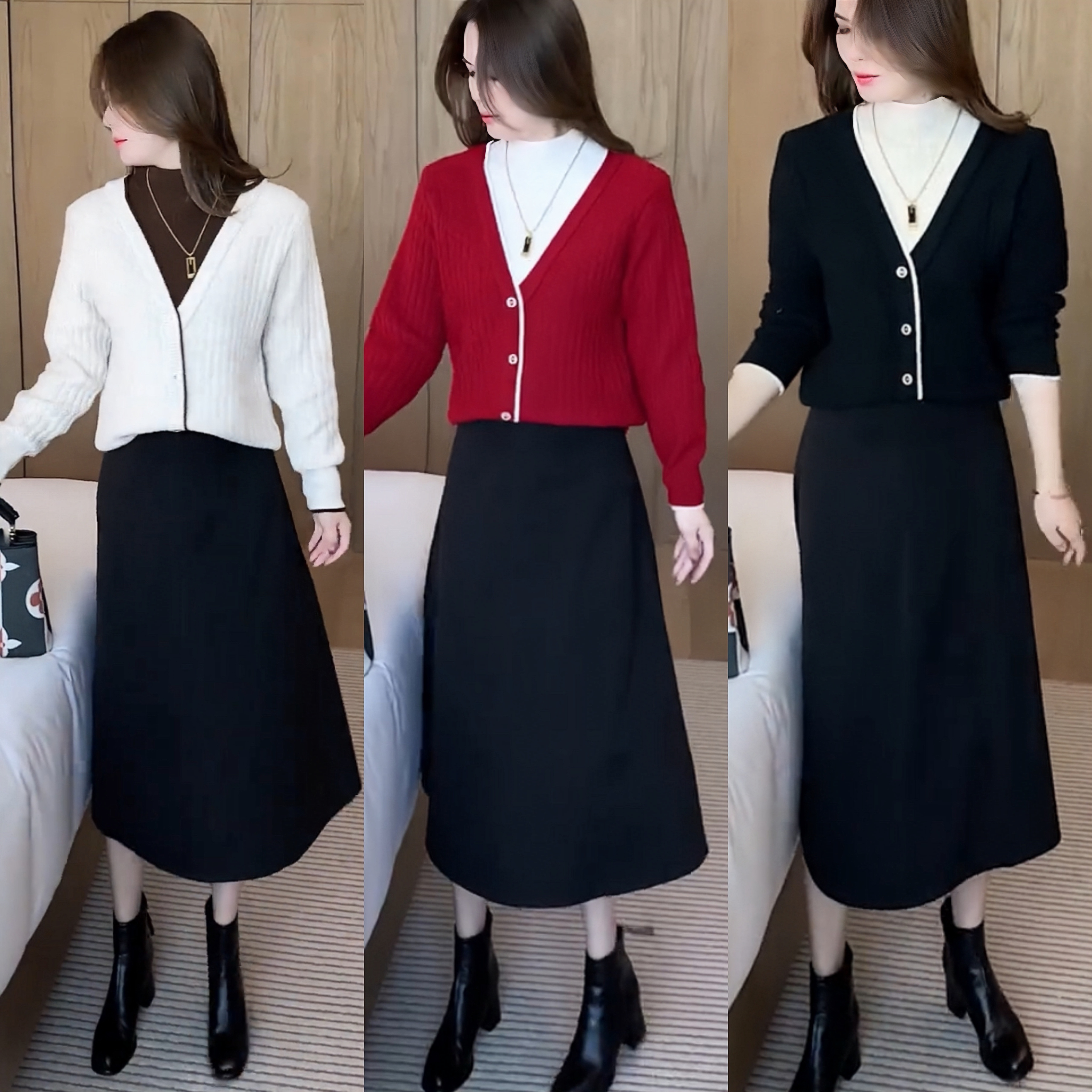 秋季时尚减龄中长款气质显瘦针织洋气半高领长袖毛衣裙子两件套