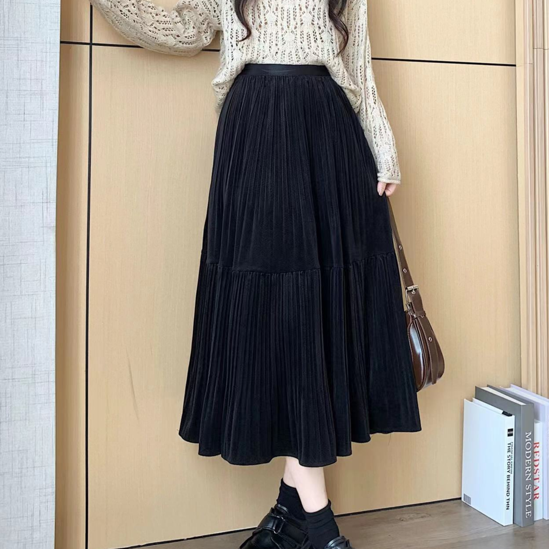 秋冬丝绒半身百褶裙高腰2025拼接大摆松紧腰A字中长裙8118