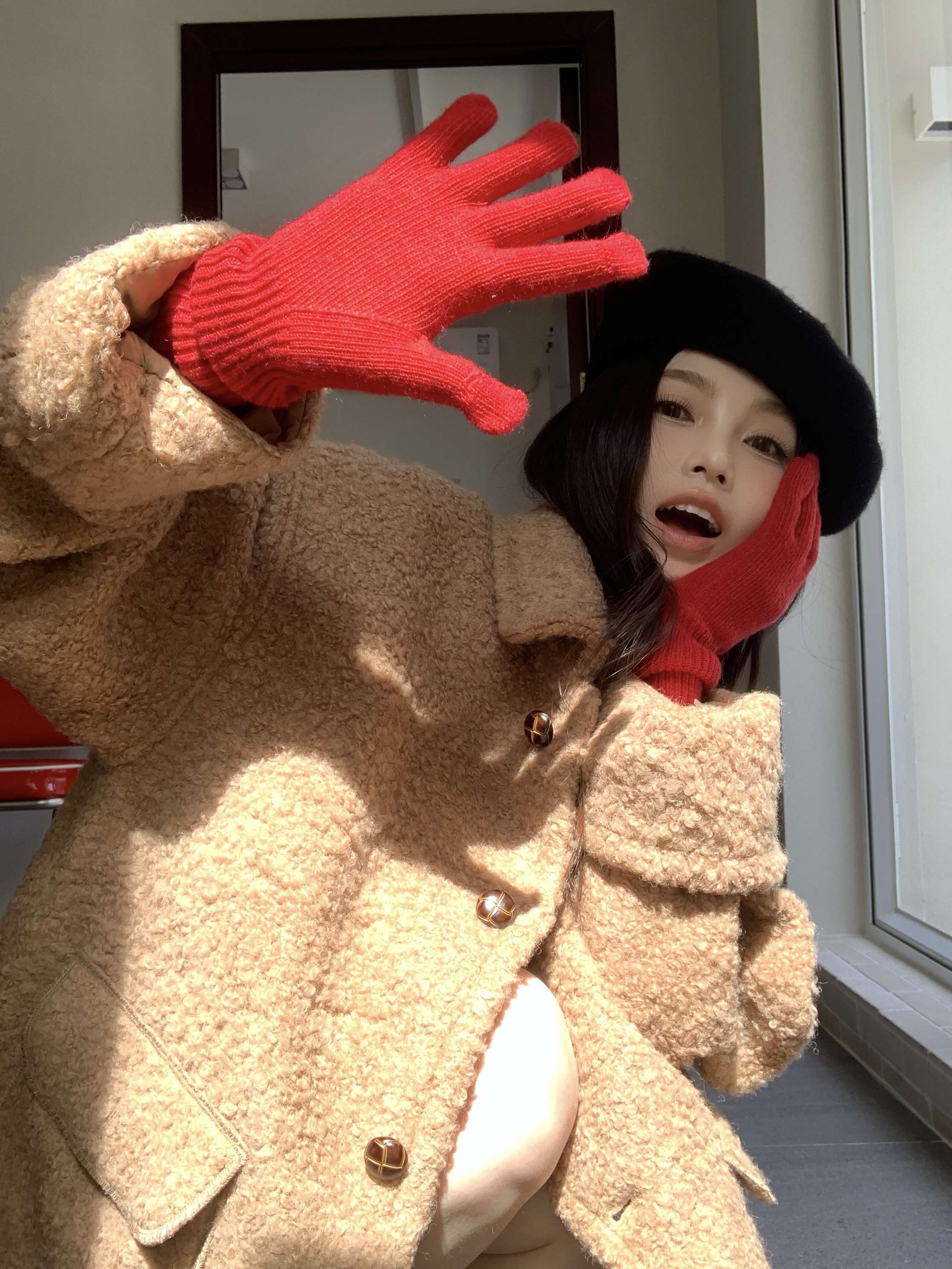 圣马丁日落～韩系复古55羊毛小翻领中长款宽松卷卷毛呢子外套ins