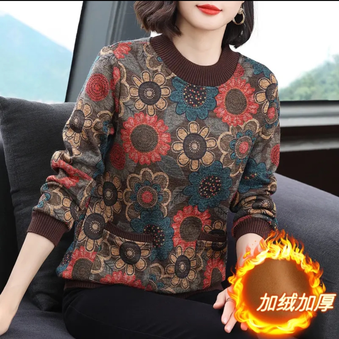 2024妈妈秋冬装加绒加厚长袖中老年女款大码圆领保暖女上衣108