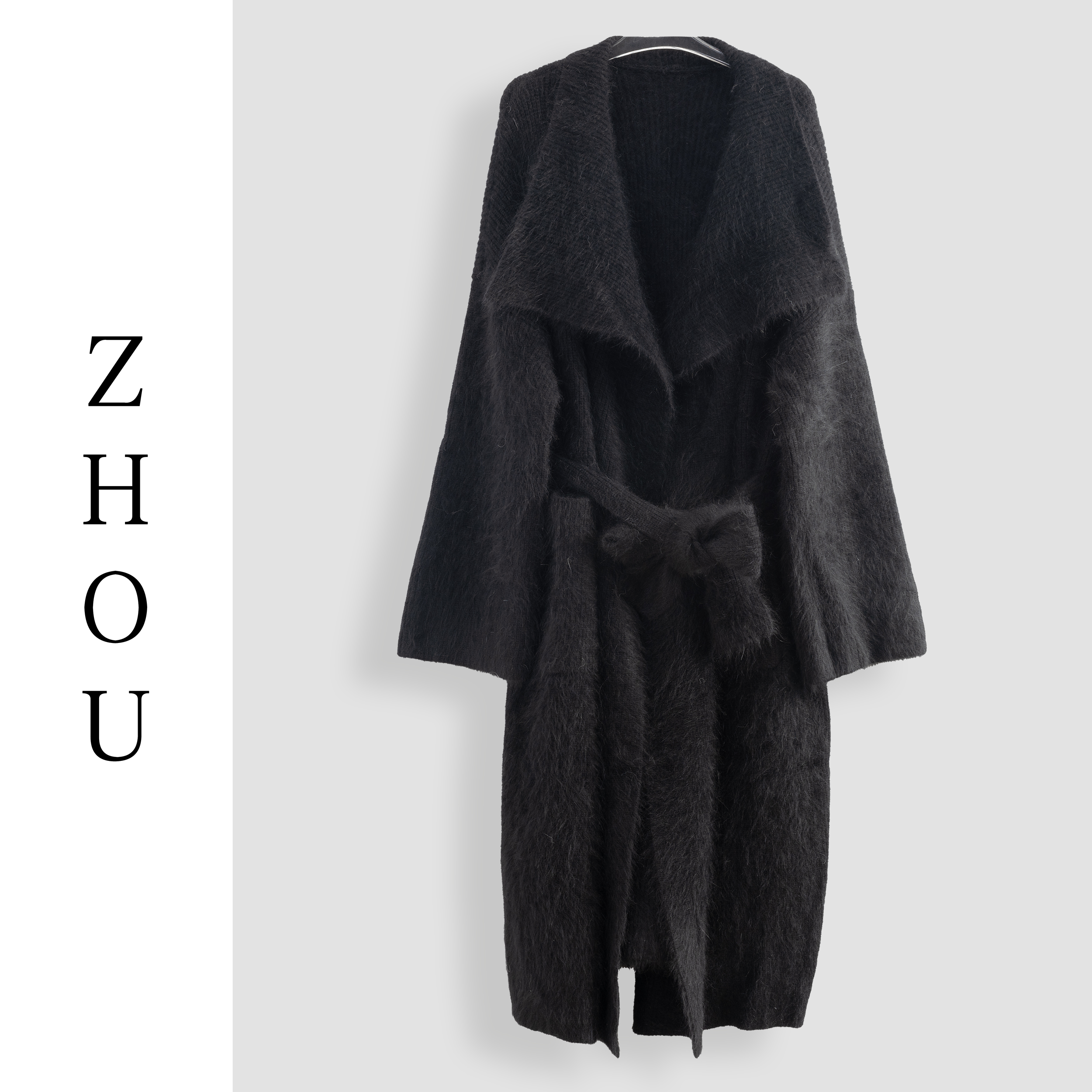 H黑色软糯细腰带中长款针织开衫-18852