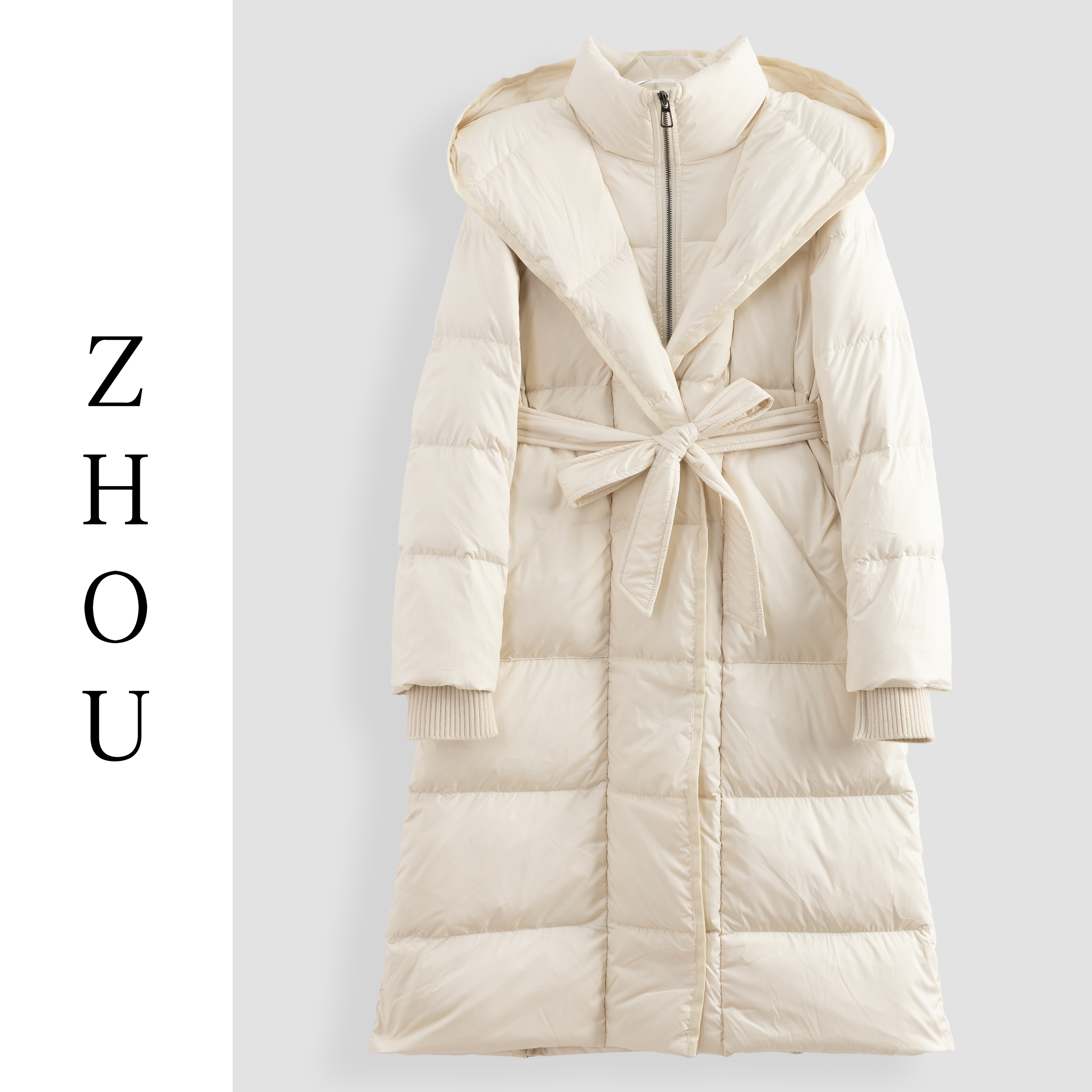 米色高端连帽中长款外套-18887