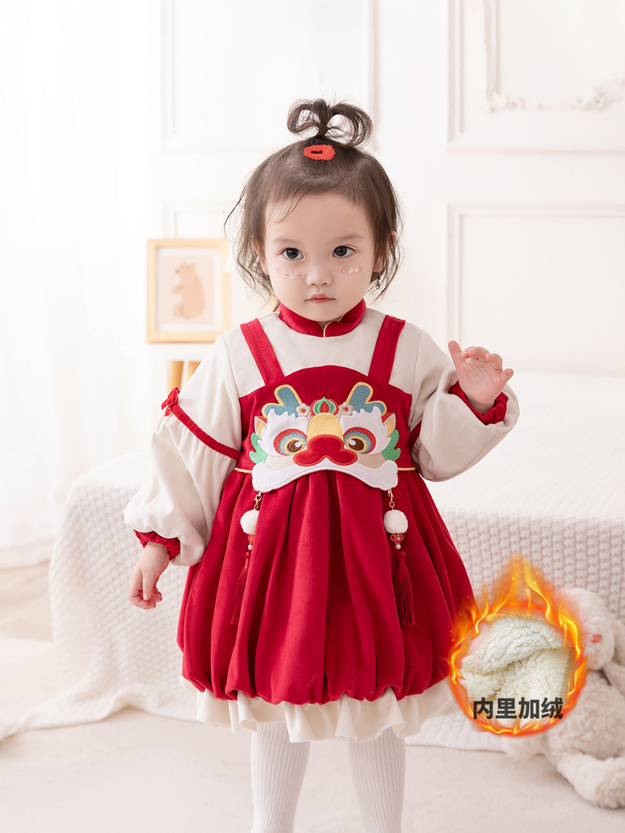 idea女童秋冬季加绒连衣裙2023婴儿加厚公主裙子喜庆周岁礼服3332