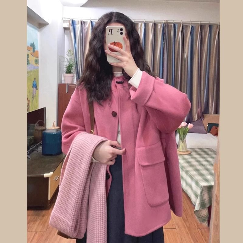 高级感粉色呢子大衣2024秋冬日系连帽单排扣小个子毛呢外套女短款