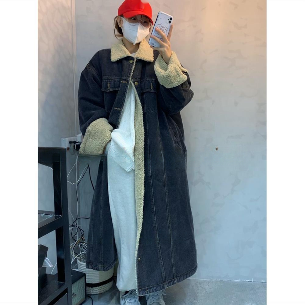 冬季仿羊羔毛牛仔外套女中长款气质韩版宽松bf显瘦加厚保暖炸街棉