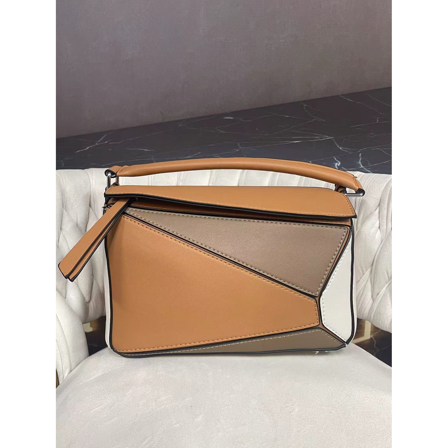 姝宴真皮女包长方手提包棕拼白色0209