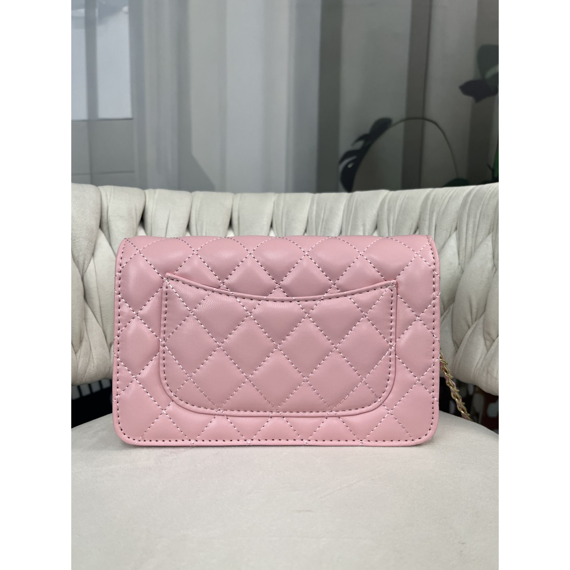 姝宴真皮女包菱格卧链条粉色