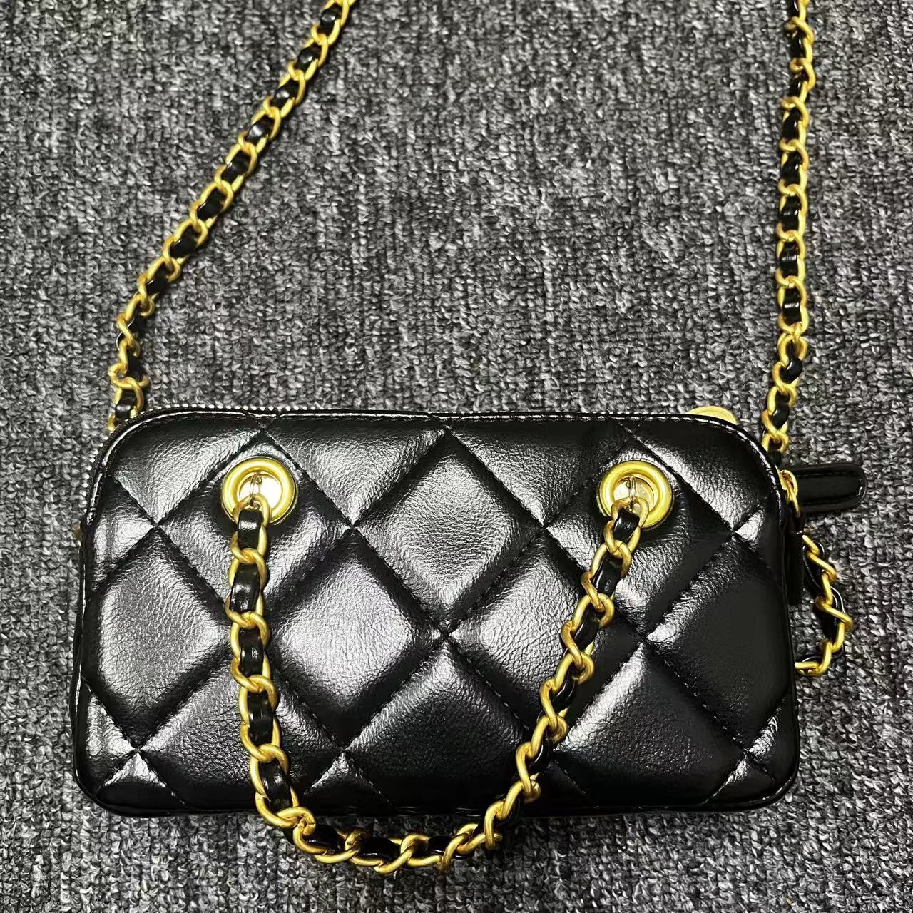 姝宴真皮女包小手提菱格金小包黑色