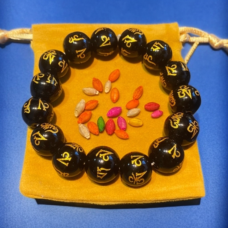 开持款黑曜石六字箴言精品手串14.5mm