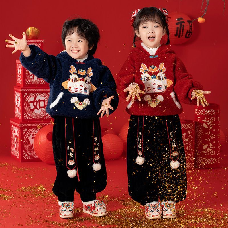 童装新秋冬款男女童冬装拜年服套装2024龙年加绒加厚卫衣喜庆元旦