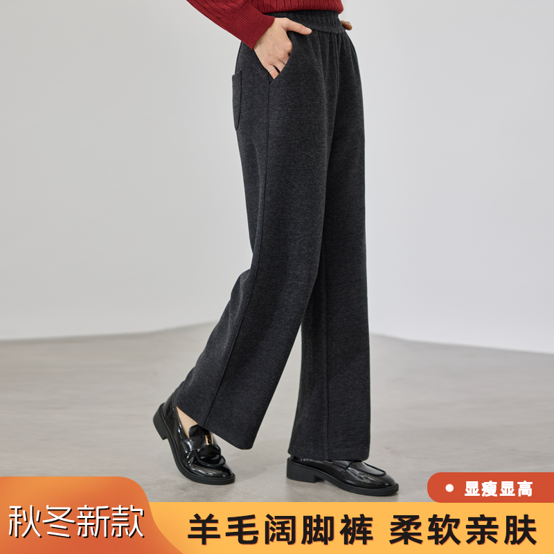 2024新款纯色醋酸绵羊毛窄版阔腿裤女休闲秋冬高腰垂感小个子裤子