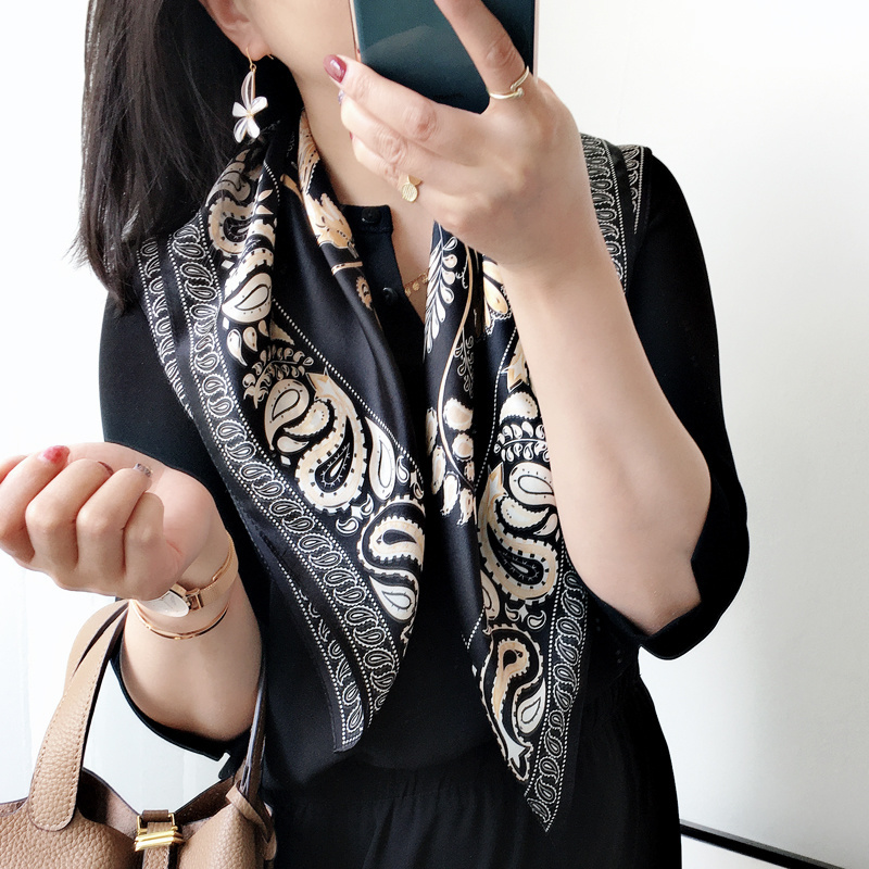 桑蚕丝单面黑白比翼鸟65方巾丝巾围巾真丝大方百搭时尚气质C034