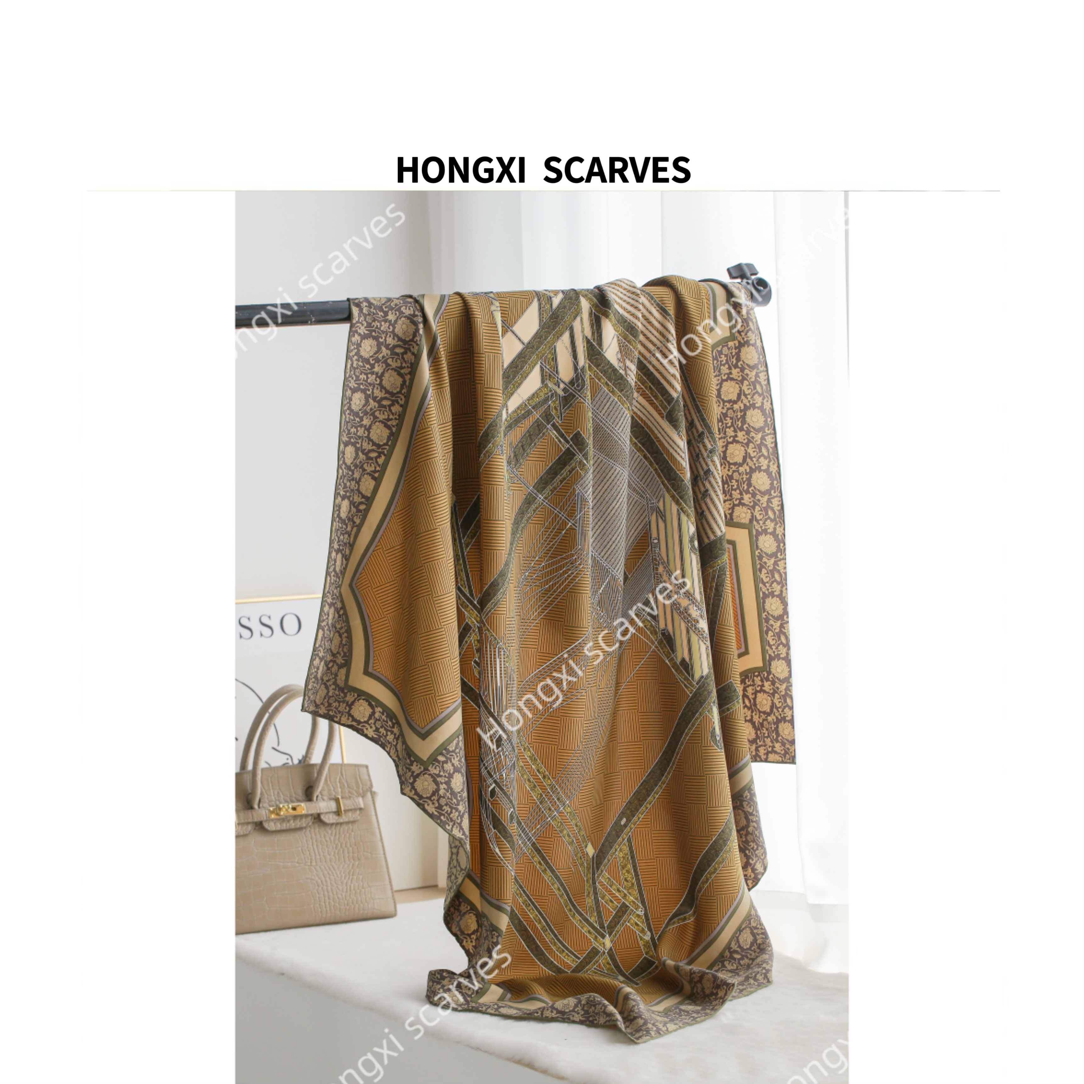 桑蚕丝18姆米斜纹砂洗莫兰迪灰绿小碎花丝巾105方巾披肩外搭F010