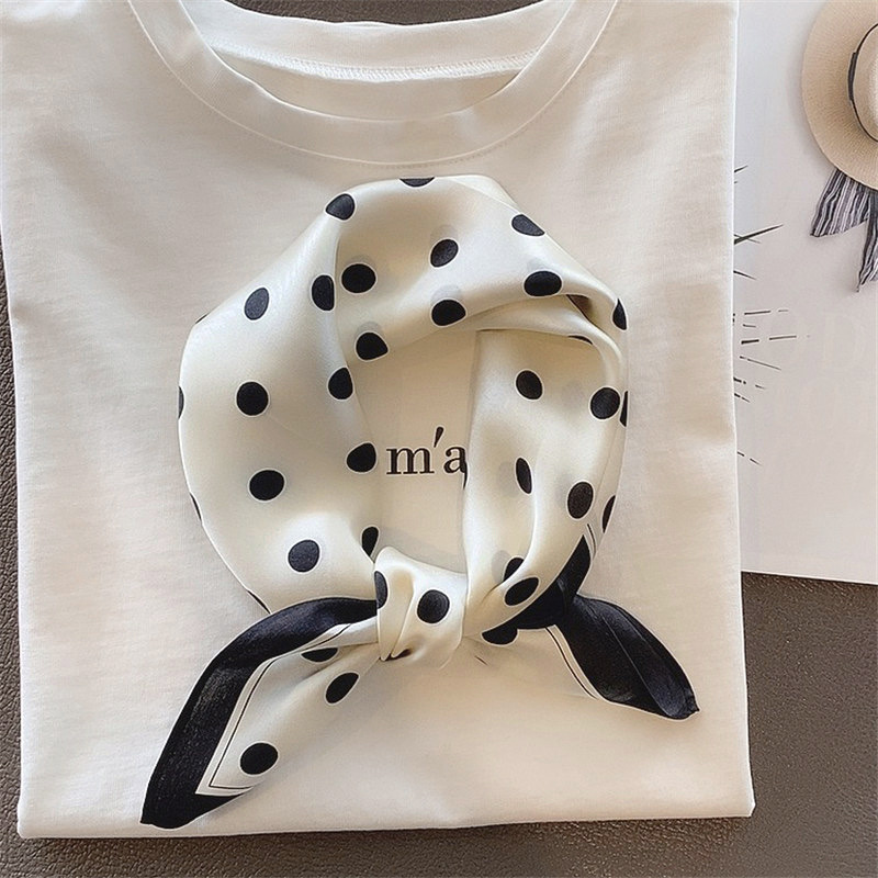 桑蚕丝单面米白小波点50方巾女士真丝丝巾搭配围巾披肩外搭A003