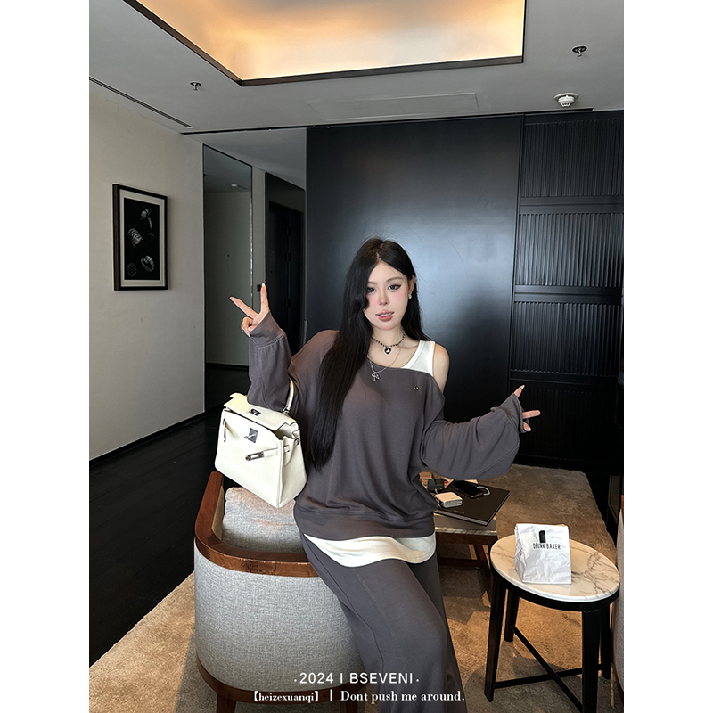 黑泽玄七卫衣套装秋冬新款微胖显瘦斜肩上衣阔腿裤两件套女