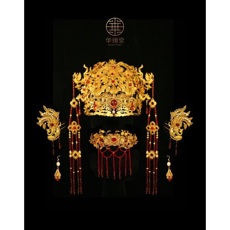 铜合金婚庆饰品 华翊堂原创铜镀真金仿花丝龙跃凤鸣冠凤冠套装