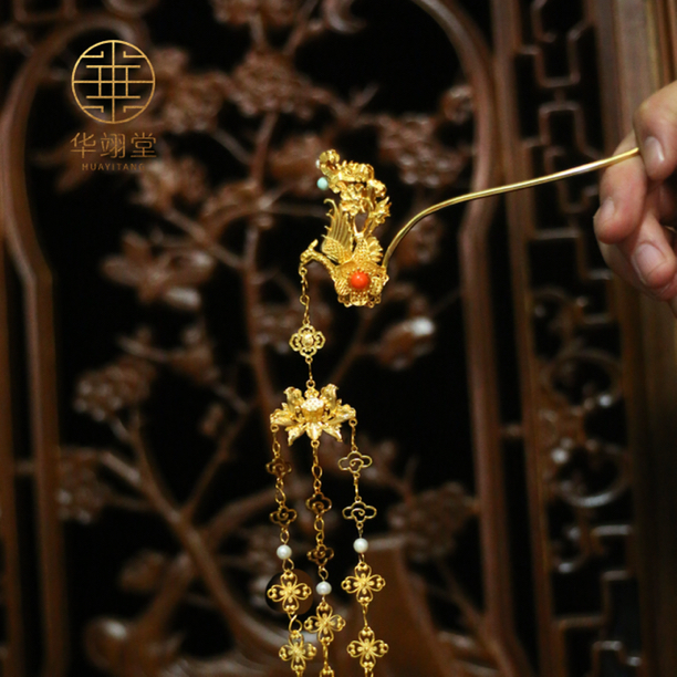 华翊堂步摇可拆卸流苏单面嵌花手工异形簪杆牡丹花凤流苏簪古风