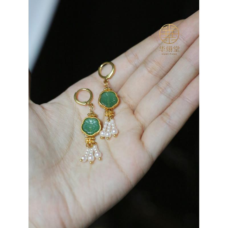 铜合金婚庆饰品 华翊堂原创设计铜镀金镶嵌宝石玉花耳饰