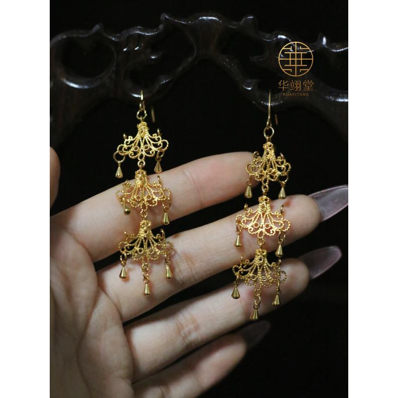 铜合金婚庆饰品 华翊堂原创设计铜镀金仿花丝立体錾刻水晶灯耳饰