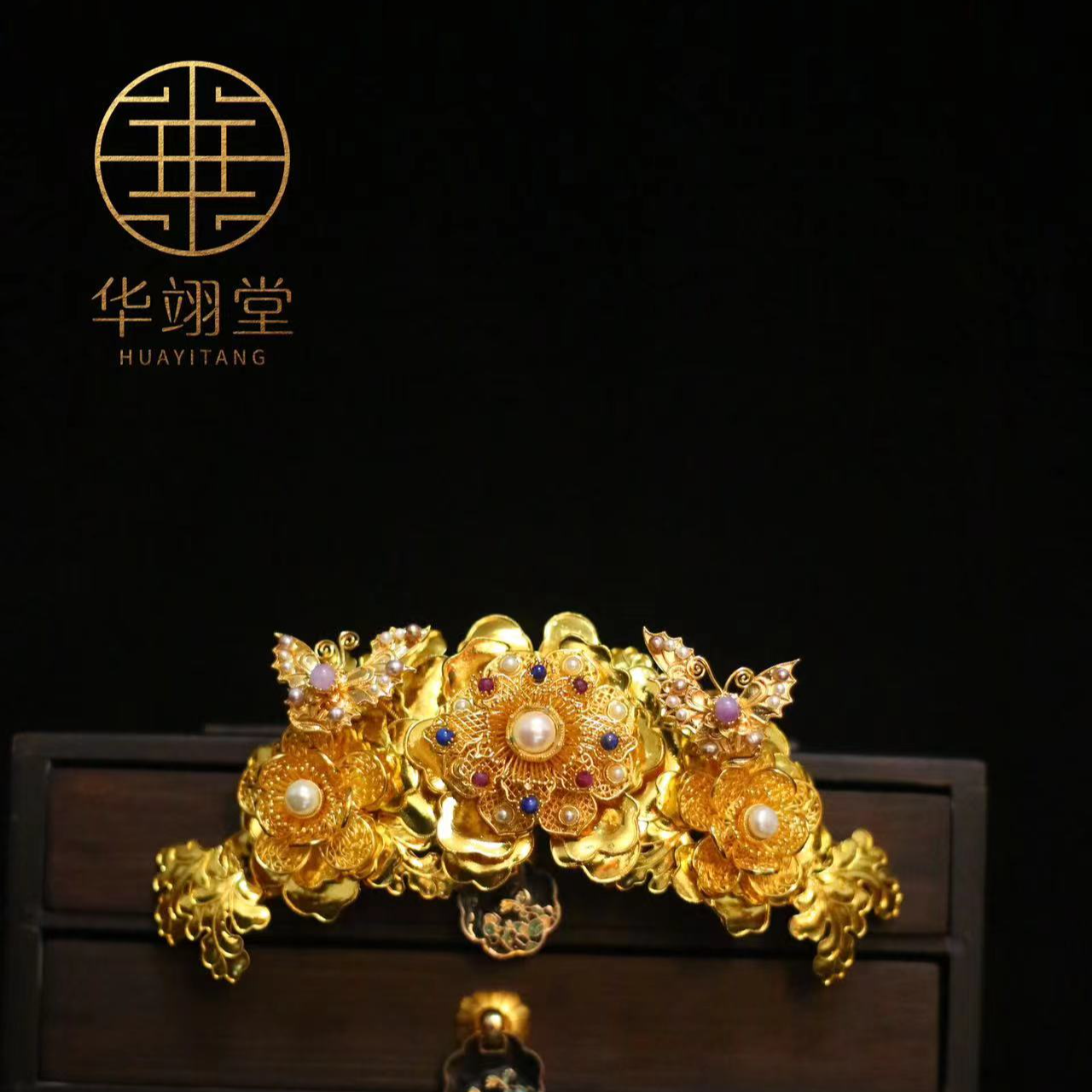 铜合金婚庆饰品 华翊堂原创设计汉服配饰镶嵌宝石国色天香发冠