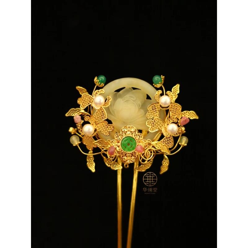 华翊堂原创设计铜镀金仿花丝镶嵌宝石金枝玉叶簪