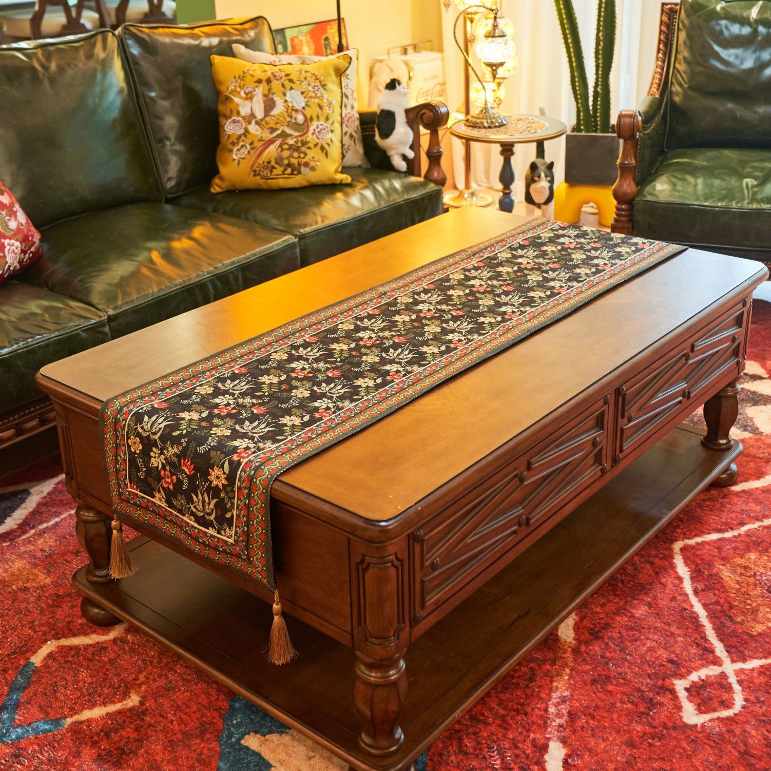 美式轻奢高端复古暗底小花桌旗布艺居家客厅餐桌布电视柜斗柜桌垫