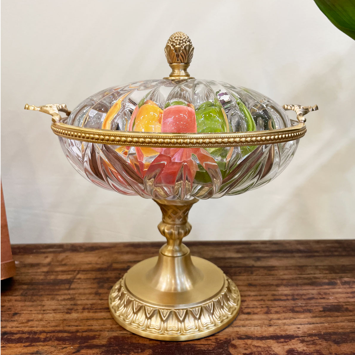 轻奢黄铜水晶玻璃干果盒大号带盖果盘家用客厅餐厅高脚果盅果篮