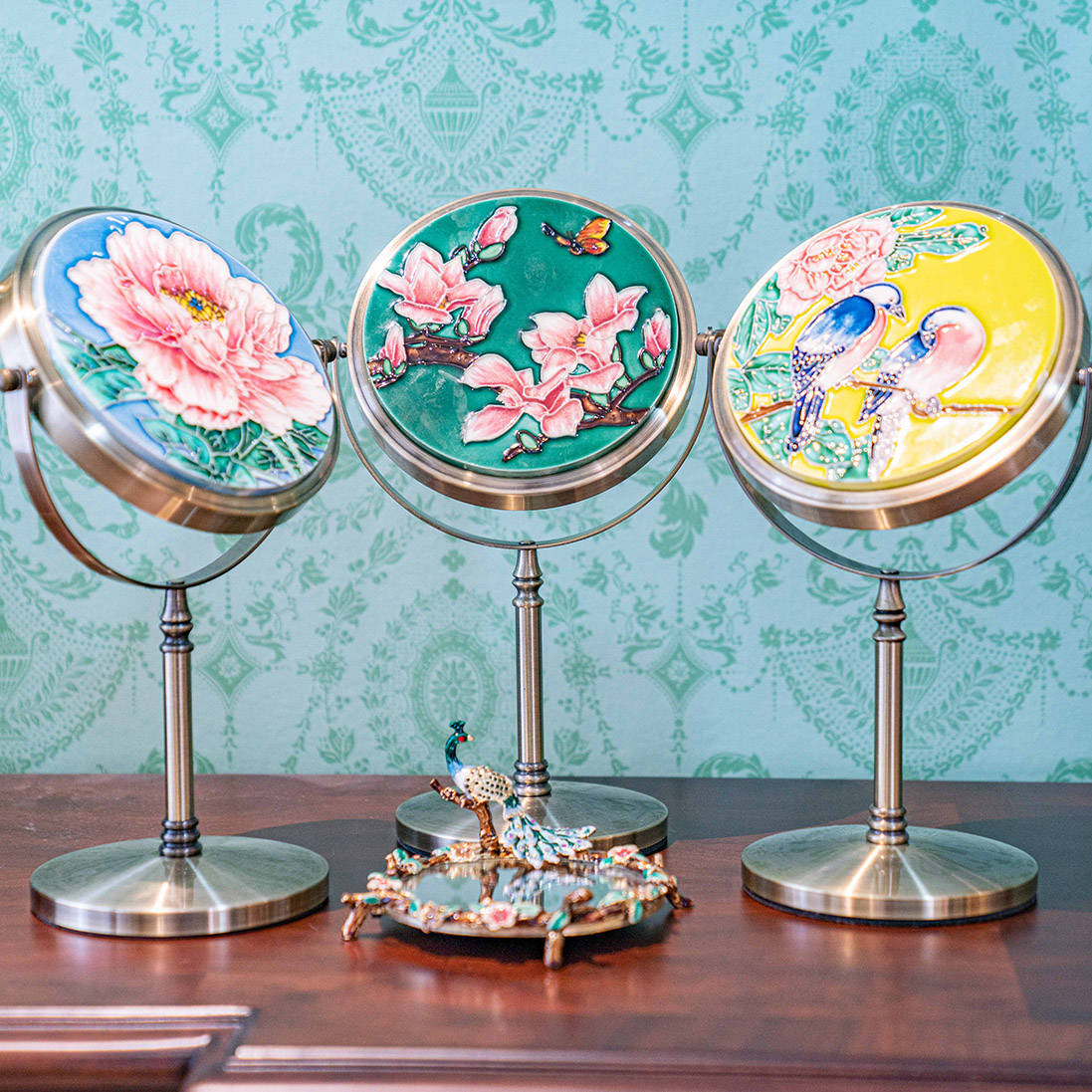 复古台式高清化妆镜瓷板画装饰镜子TC661