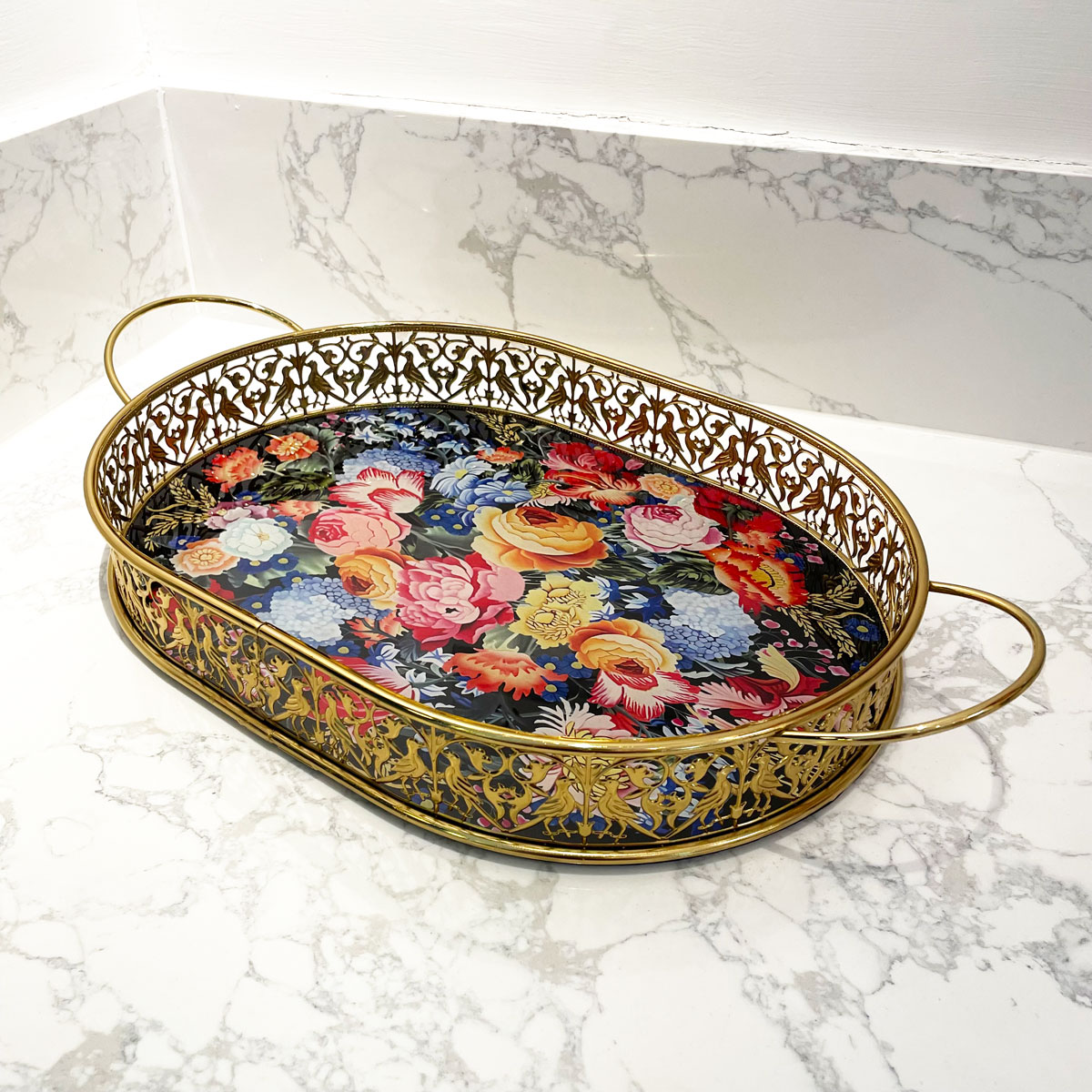 美式轻奢复古百花齐放高端家用桌面金属玻璃椭圆形镂空简约托盘