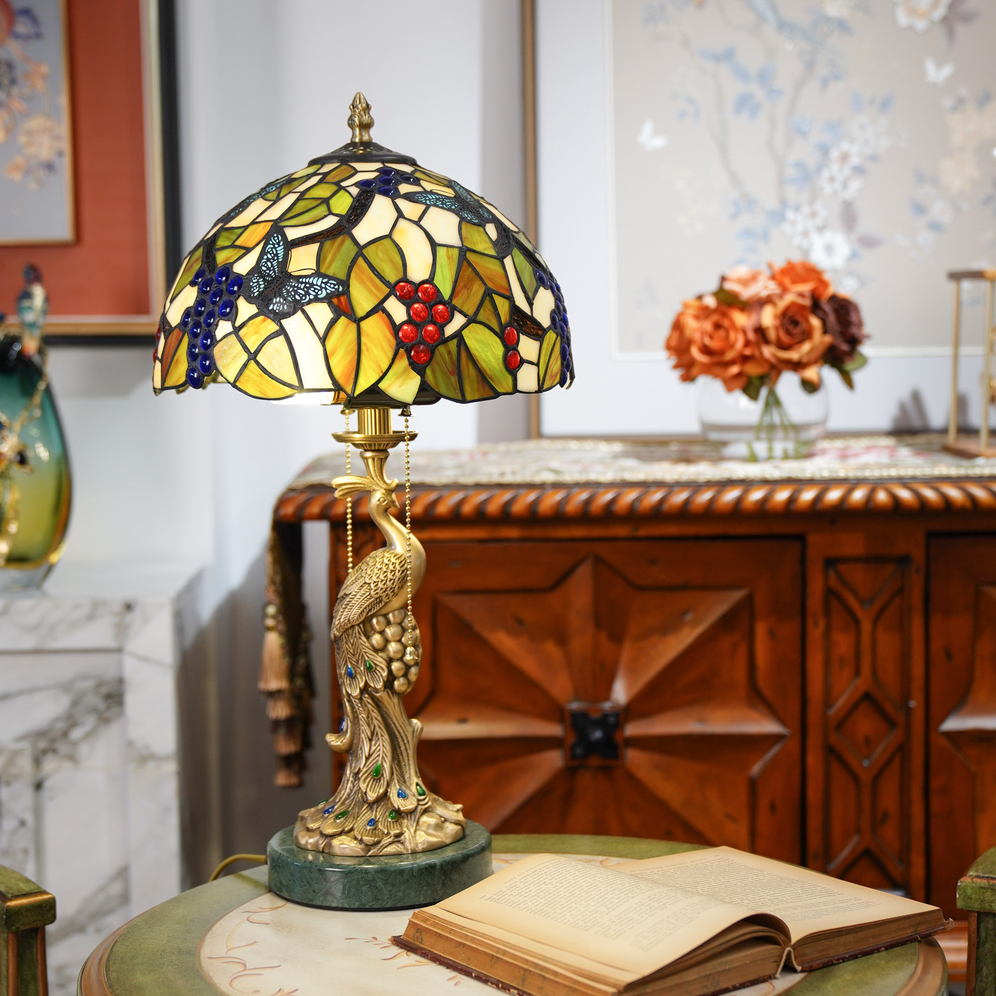 复古轻奢创意美式全铜单凤纯手工蒂凡尼玻璃三色玫瑰蝴蝶拉链台灯