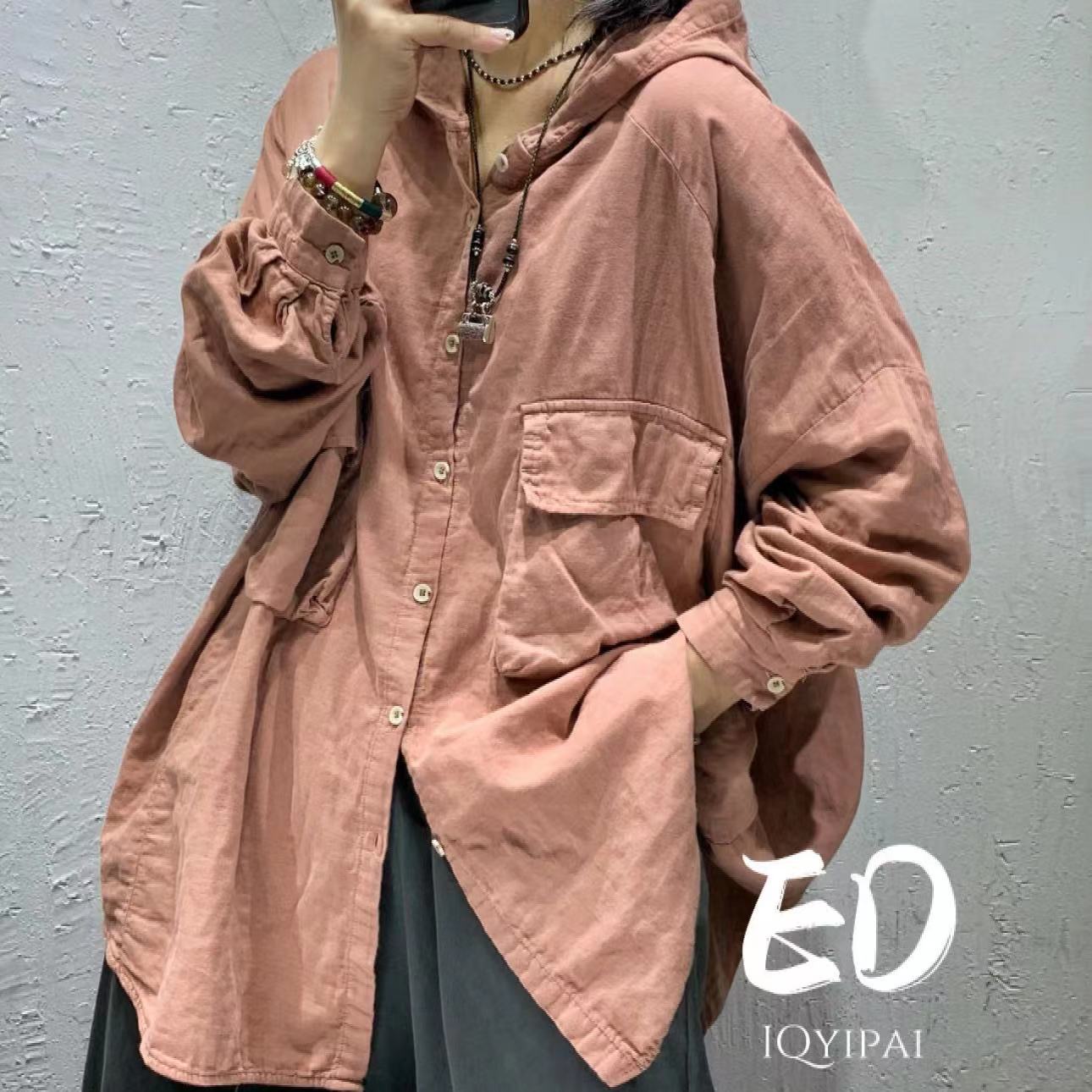 8967秋季双纱棉宽松连帽衬衫中长款休闲开衫