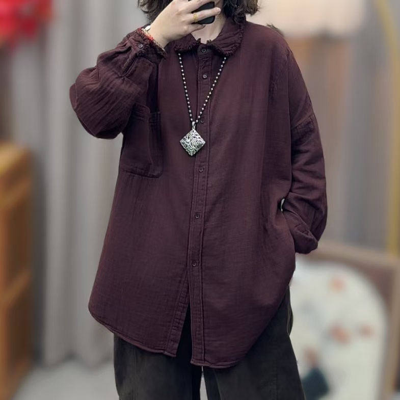 【加厚磨毛】2425娃娃领翻领衬衫毛边长袖衬衣女200斤