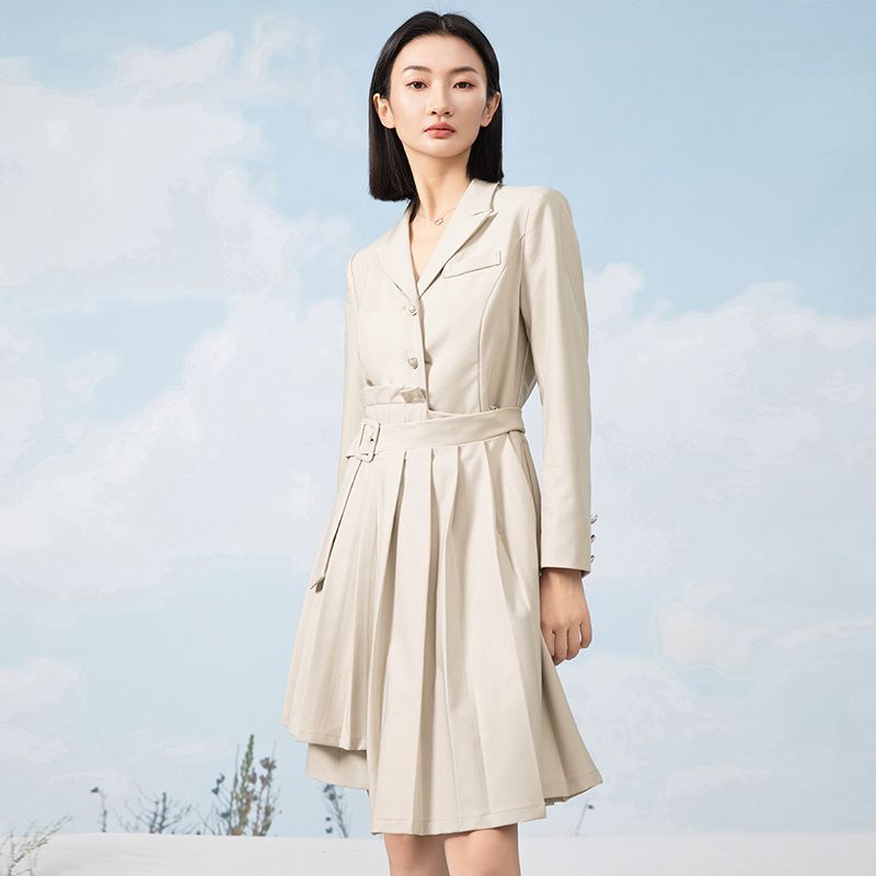 熙然商场同款气质高腰西装翻领拼接不规则显瘦百褶裙