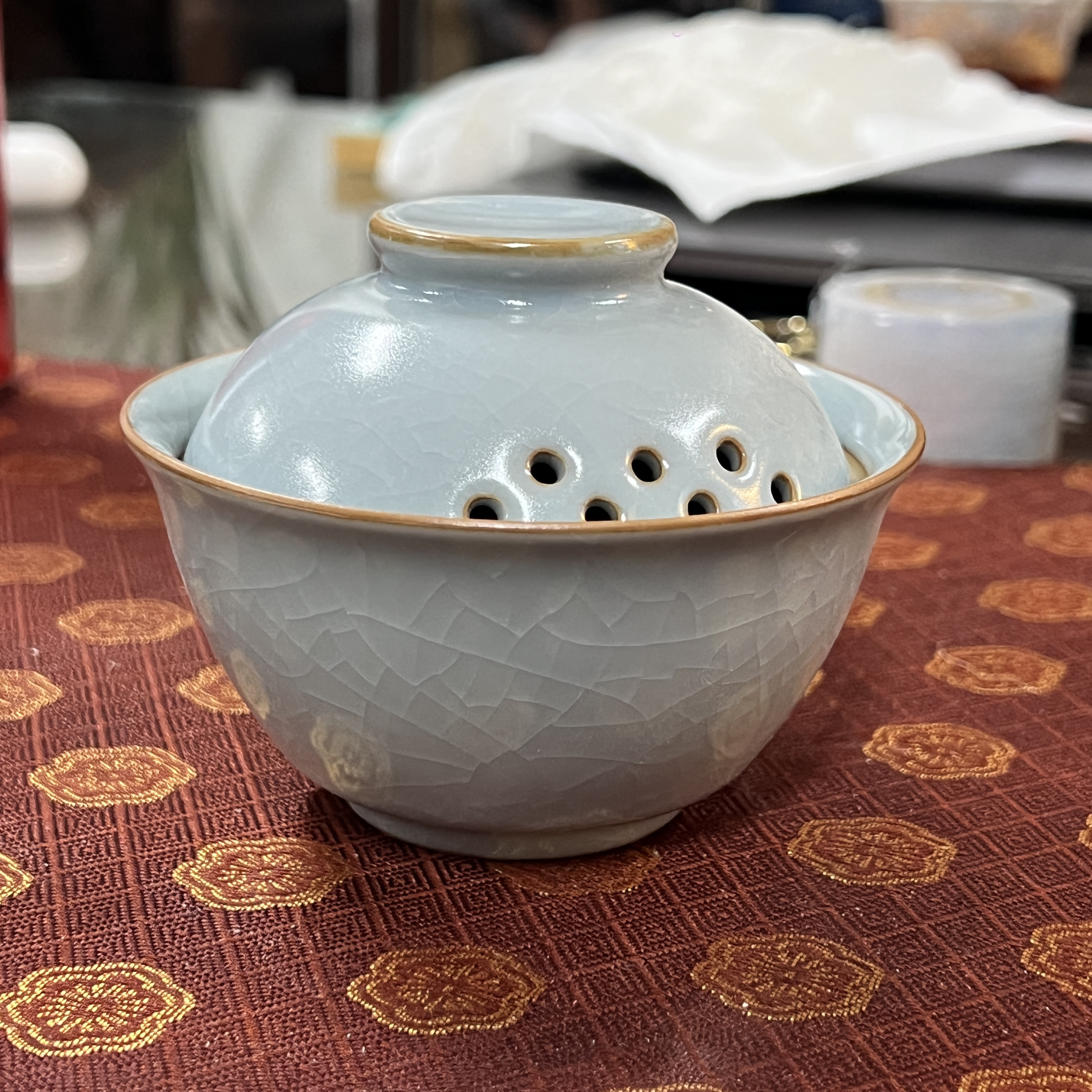 蓝色汝窑开片可滤茶叶盖碗（圆钮网红盖碗客厅设计