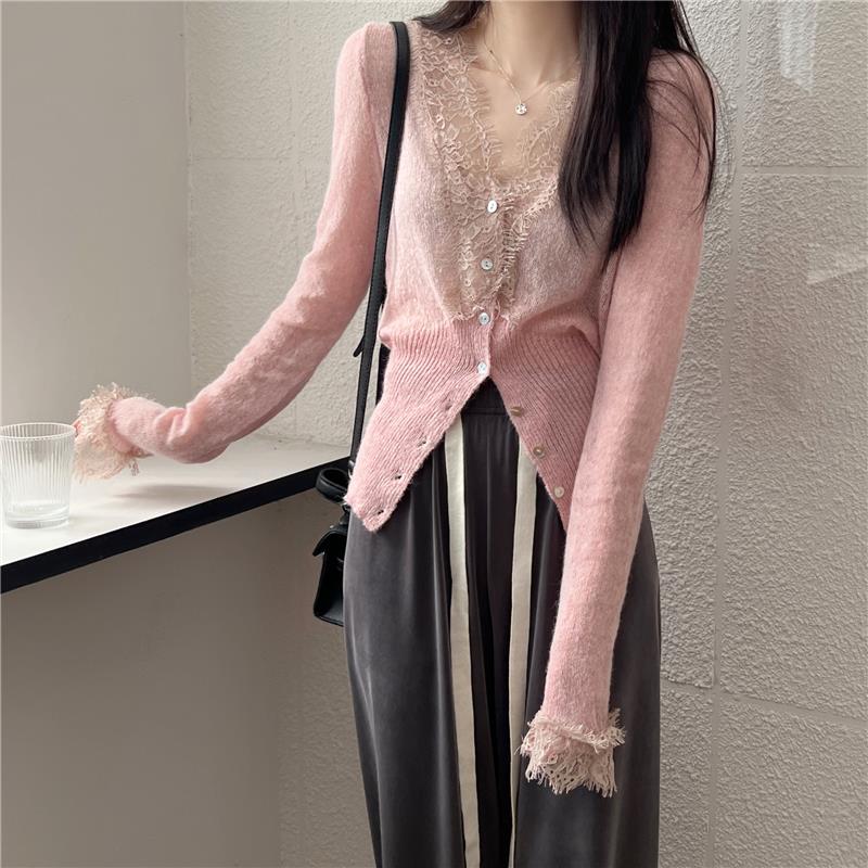 2024女装春秋冬季新款长袖毛衣小开衫黑色上衣蕾丝镂空针织衫外套