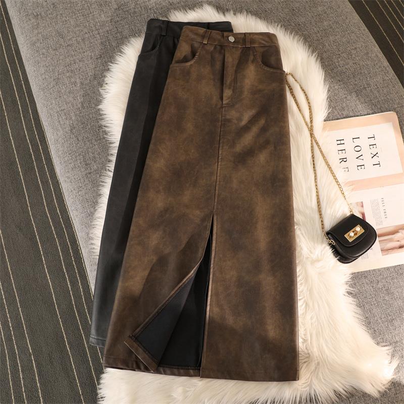 复古港味皮半身裙女秋季穿搭配毛衣高腰开叉显瘦A字裙遮胯长裙