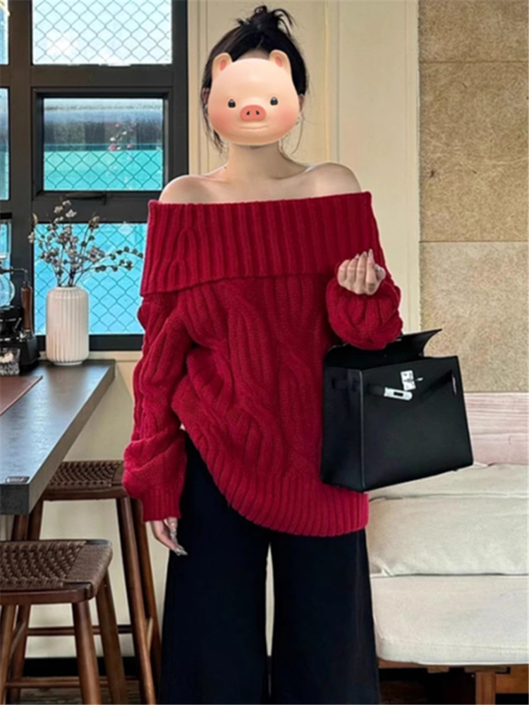 圣诞节穿搭红色一字肩麻花毛衣女秋冬季加厚慵懒风露肩针织衫上衣