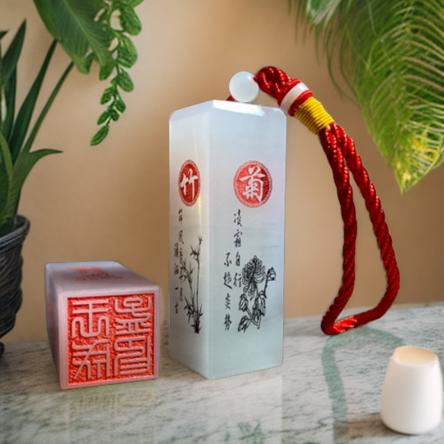 梅兰竹菊款四面水墨青花玉石印章