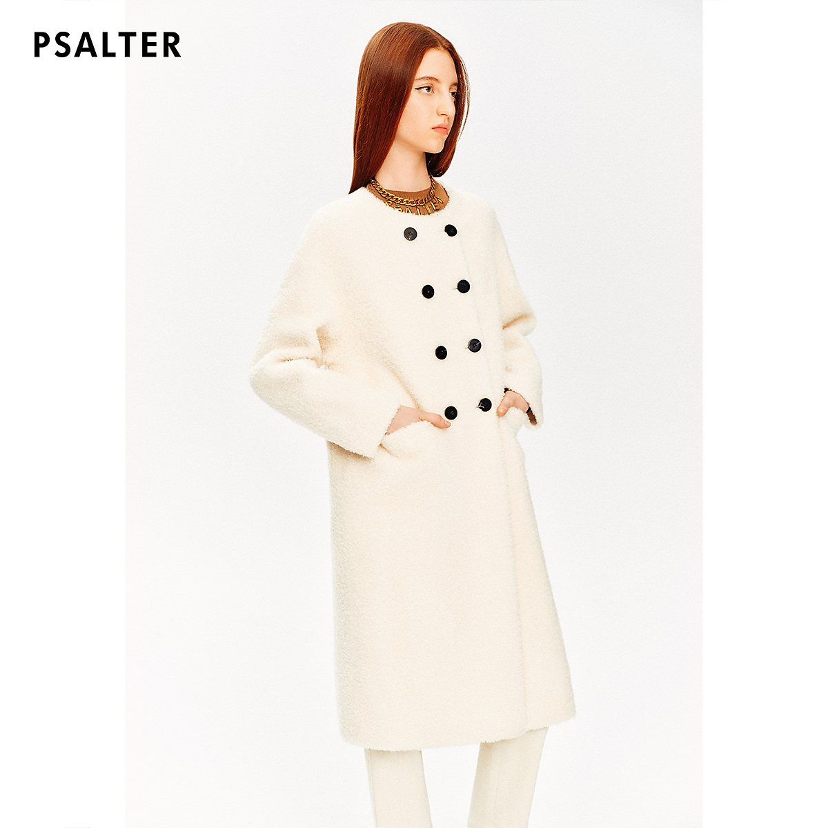 PSALTER诗篇100%羊毛颗粒绒圆领双排扣毛绒大衣外套冬款