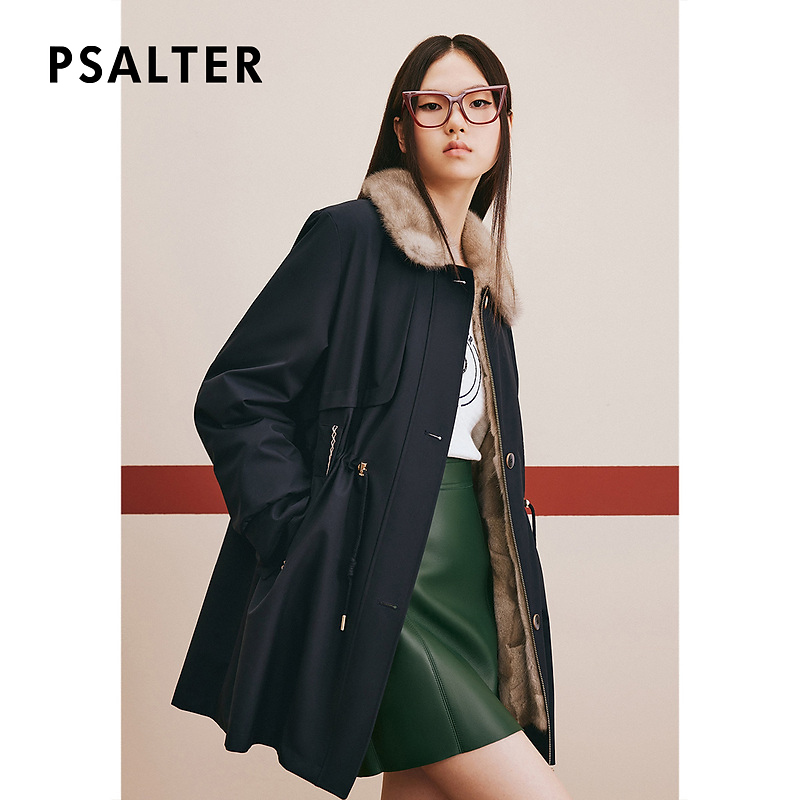 PSALTER诗篇女装冬季翻领抽绳收腰水貂毛内胆外套派克服皮草