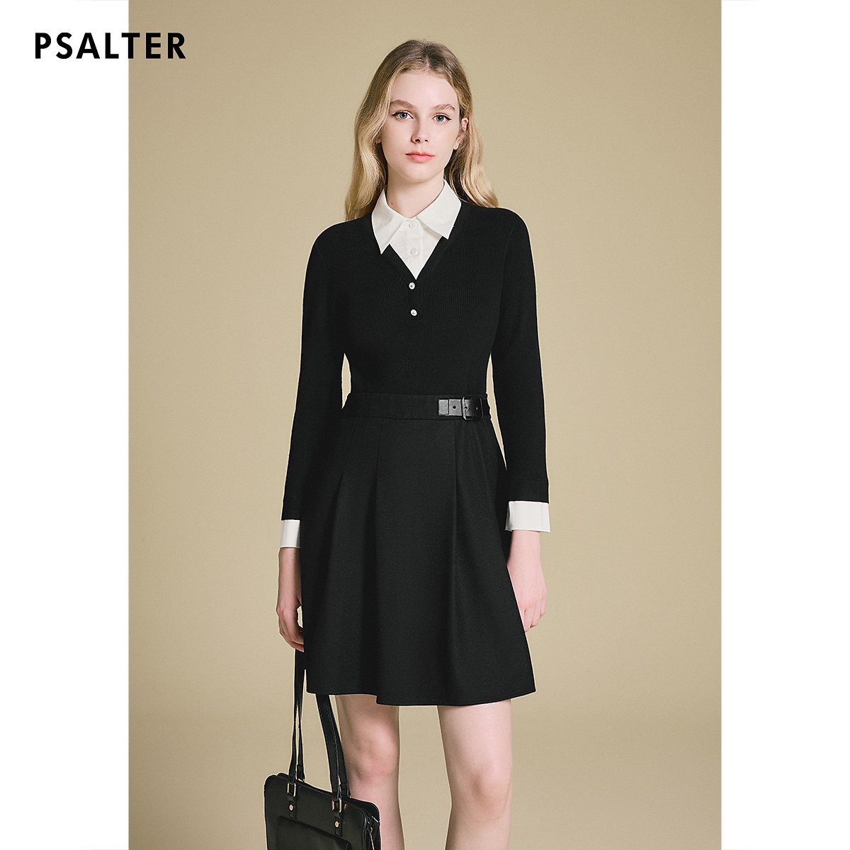 PSALTER诗篇专选精纺羊毛复古学院风撞色针织拼接假两件连衣裙冬