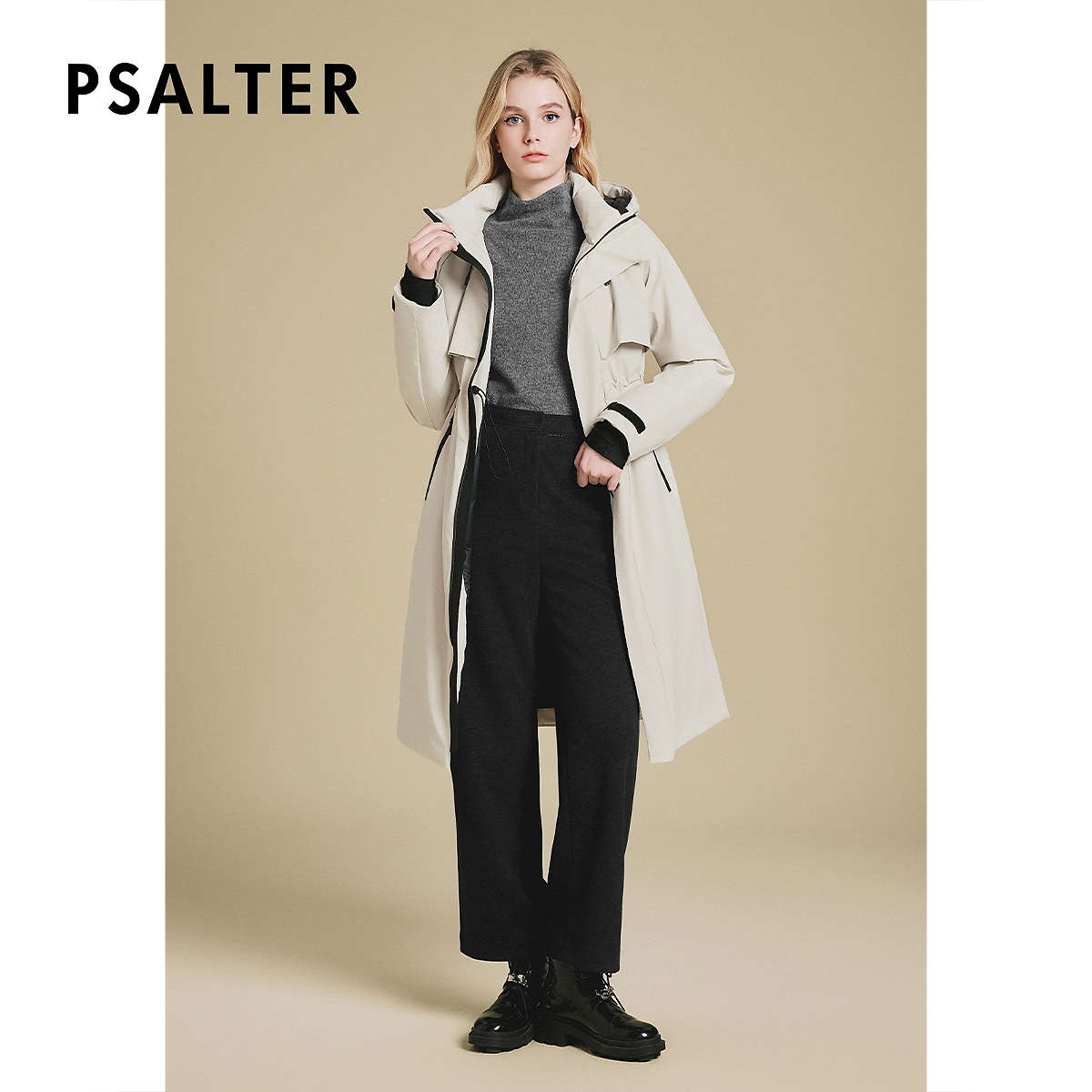 PSALTER诗篇连帽立领抽绳收腰修身户外鹅绒长款羽绒服冬款
