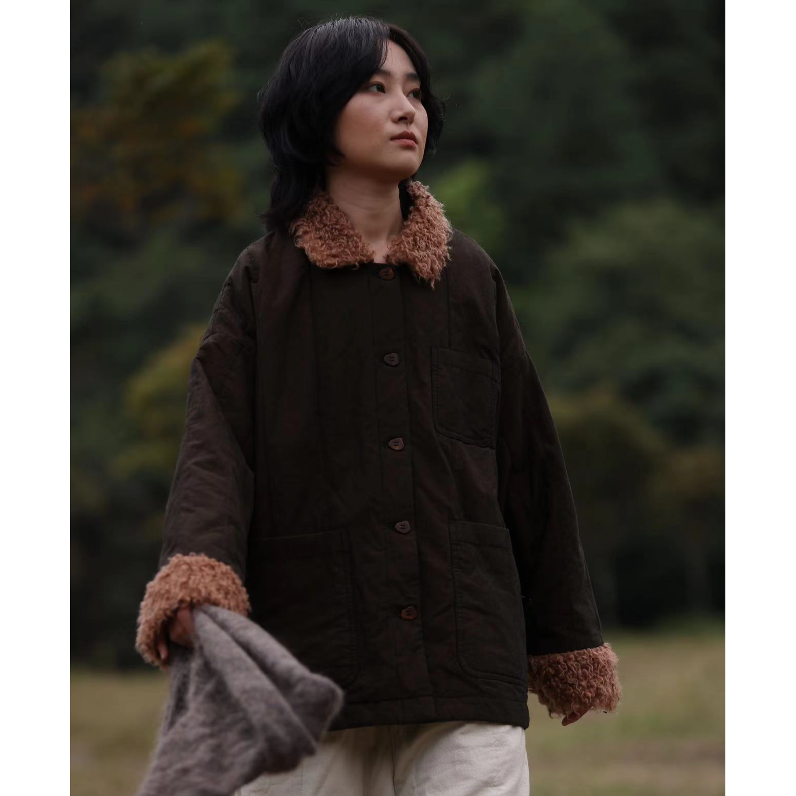 荼-原创设计复古风羊羔毛毛领棉服33737