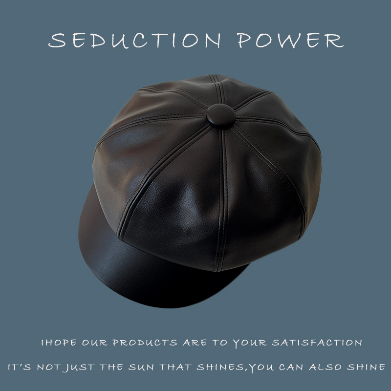 黑色皮质贝雷帽女款英伦设计感复古百搭日系韩版春秋南瓜秋冬帽子