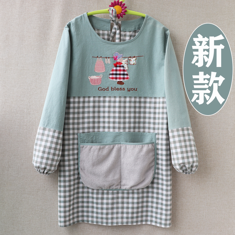 【小扬哥甄选】围裙长袖纯棉家用防水防油厨房有袖反穿衣2021新款