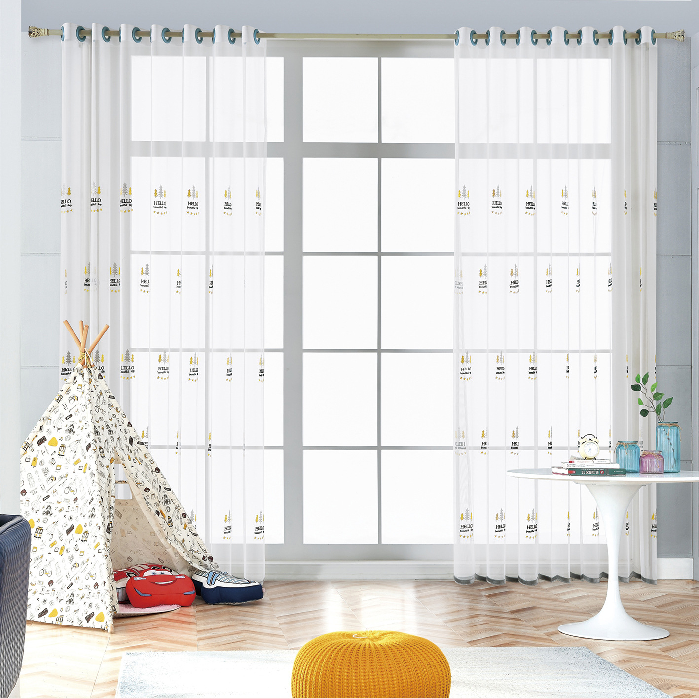 2022新品植物绣花发财树窗纱 田园清新简约客厅卧室书房窗纱